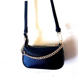 Anne Klein Mini Bag Black Embossed Logo Gold Chain Strap Crossbody Errand Travel